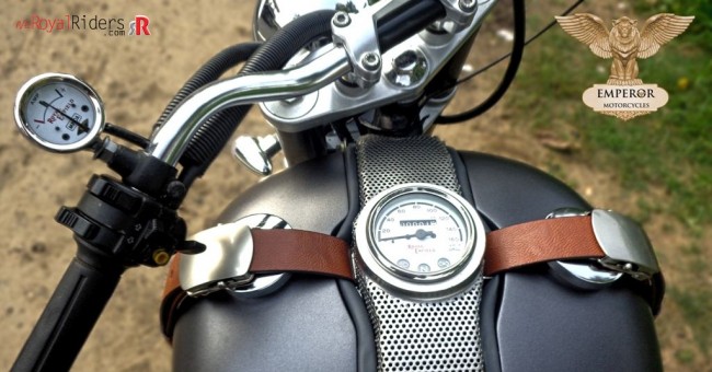 The retro inspired leather strap with speedometer on tank.