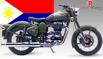 Royal Enfield  Classic Battle Green with flag of Philippines in backdrop.
